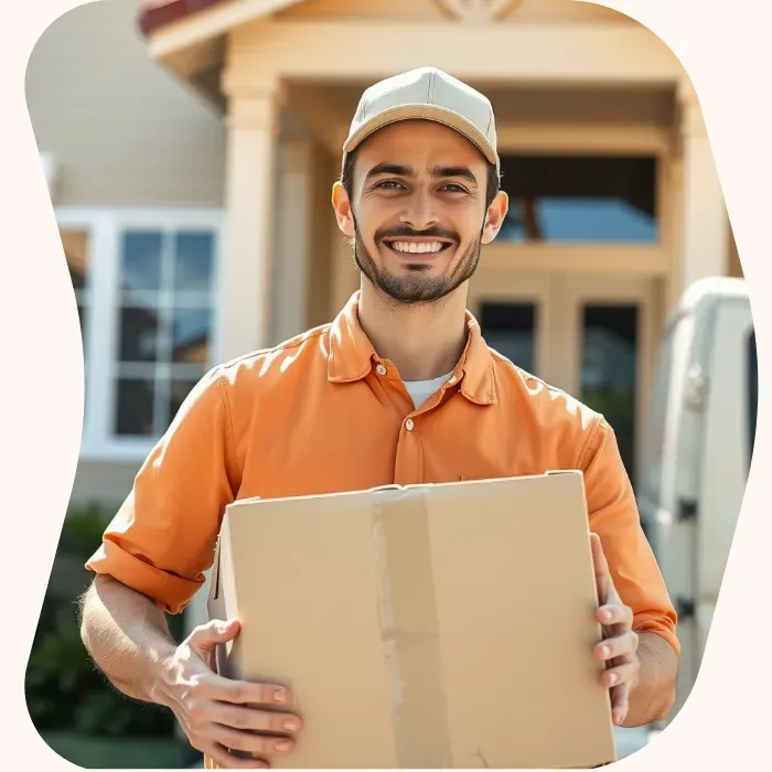 Two removalists moving boxes up stairs