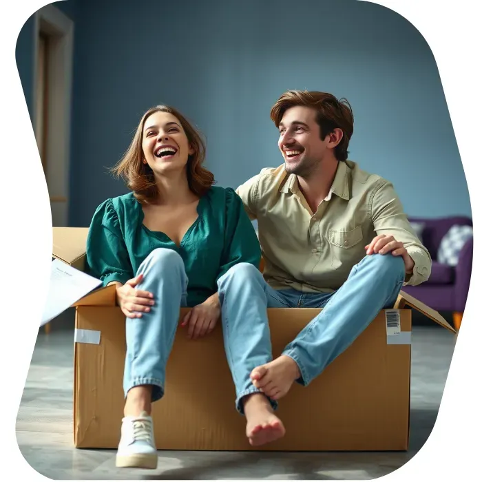 Two guys sitting on the floor of their apartment with Muval moving boxes